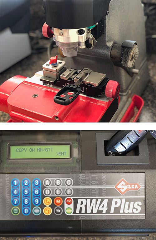 laser key cutter and a automotive fob being programmed