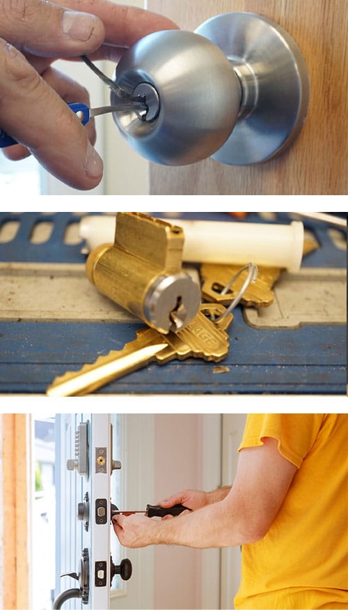 residential locksmith services: emergency lockout service (top), lock rekeying (middle), and lock installation (bottom)
